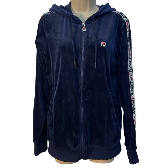 Fila Navy Blue Velour Full Zip Hoodie with pockets and Logo Ribbon on Sleeves M - Picture 1 of 9